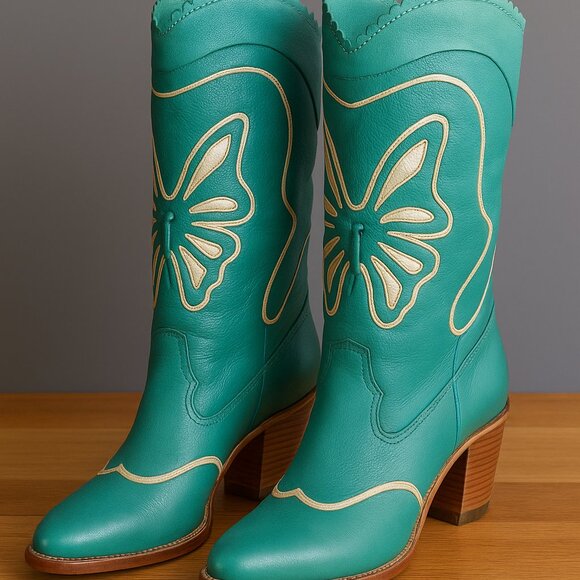 Attitude Without Limits Turquoise Butterfly Western Boots Size 7.5 - Picture 1 of 12